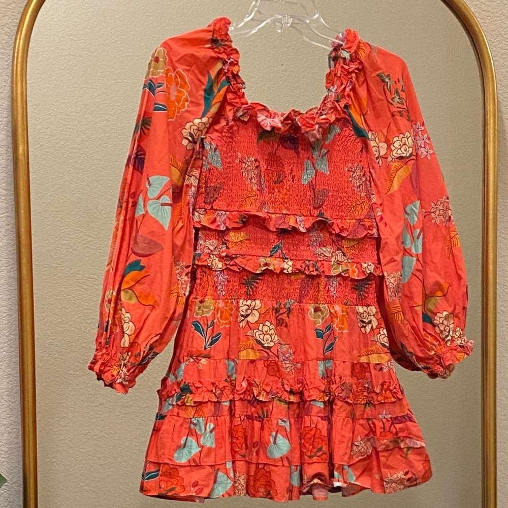 Farm Rio for Anthropologie Smocked Ruffle Floral Mini Dress Size S - Picture 4 of 13